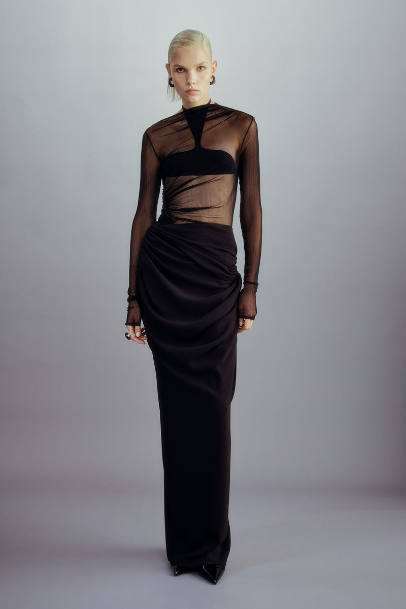 ASYMMETRIC GATHERED MESH TOP BLACK