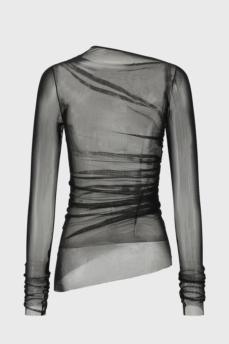 ASYMMETRIC GATHERED MESH TOP BLACK