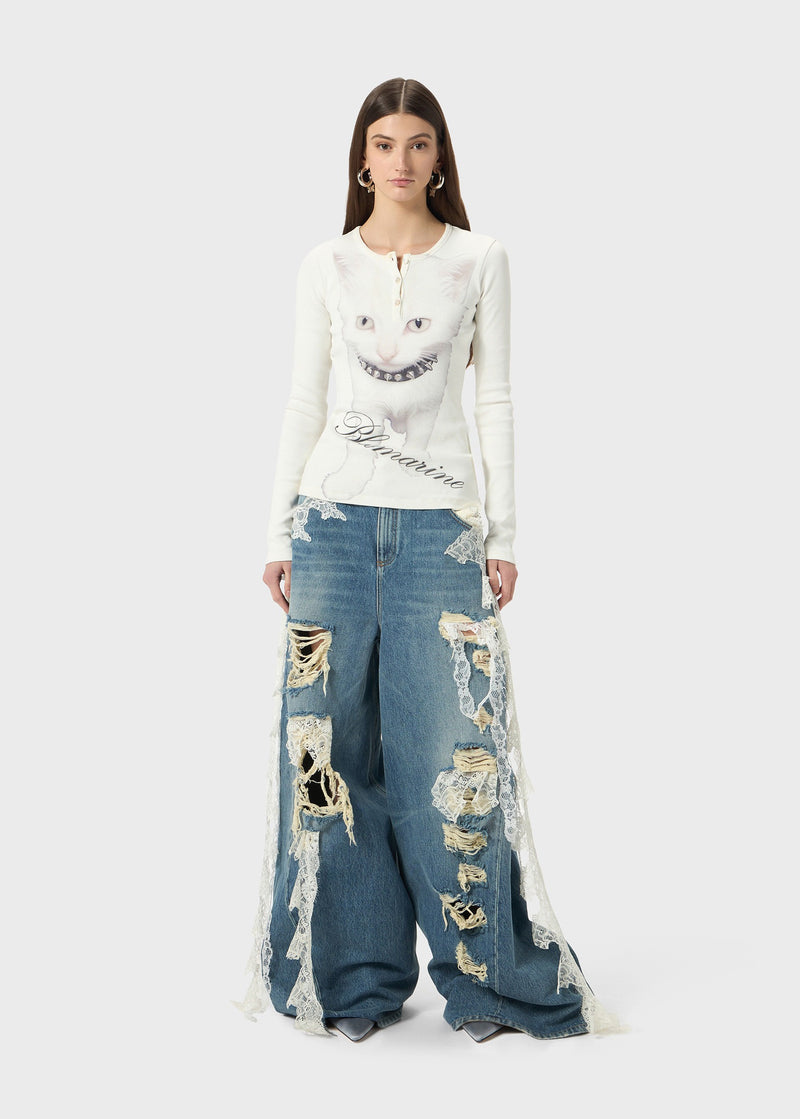 DESTROYED EXTRA BAGGY JEANS WITH LACE TRIM ICE BLUE