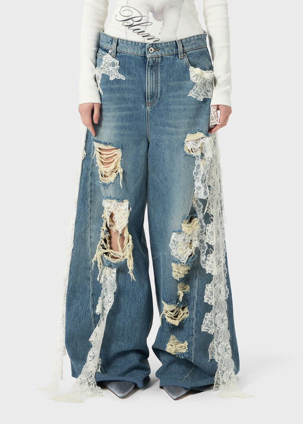 DESTROYED EXTRA BAGGY JEANS WITH LACE TRIM ICE BLUE