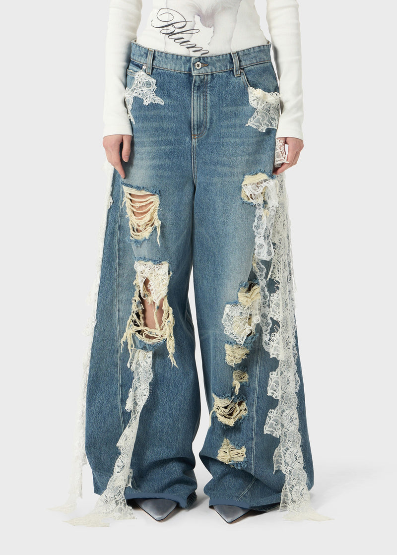 DESTROYED EXTRA BAGGY JEANS WITH LACE TRIM ICE BLUE