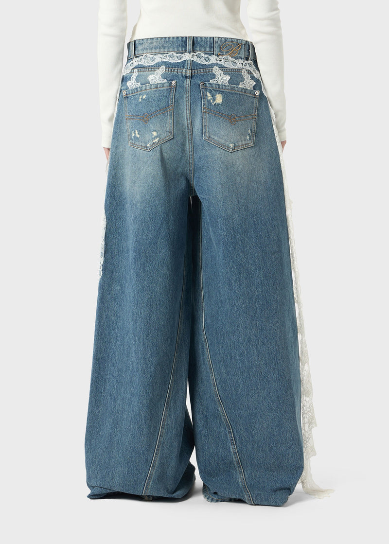DESTROYED EXTRA BAGGY JEANS WITH LACE TRIM ICE BLUE