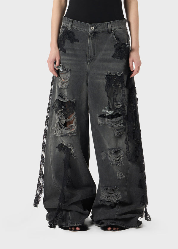 DESTROYED EXTRA BAGGY JEANS WITH LACE TRIM GREY GUNMETAL