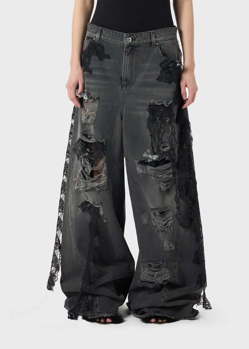 DESTROYED EXTRA BAGGY JEANS WITH LACE TRIM GREY GUNMETAL