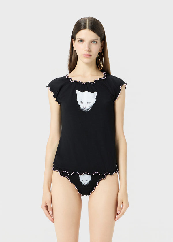 JERSEY T-SHIRT W/ KITTEN PRINT AND RUFFLES