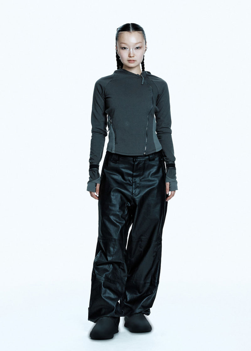 HOODED ASYMMETRIC ZIP TOP DARK GREY