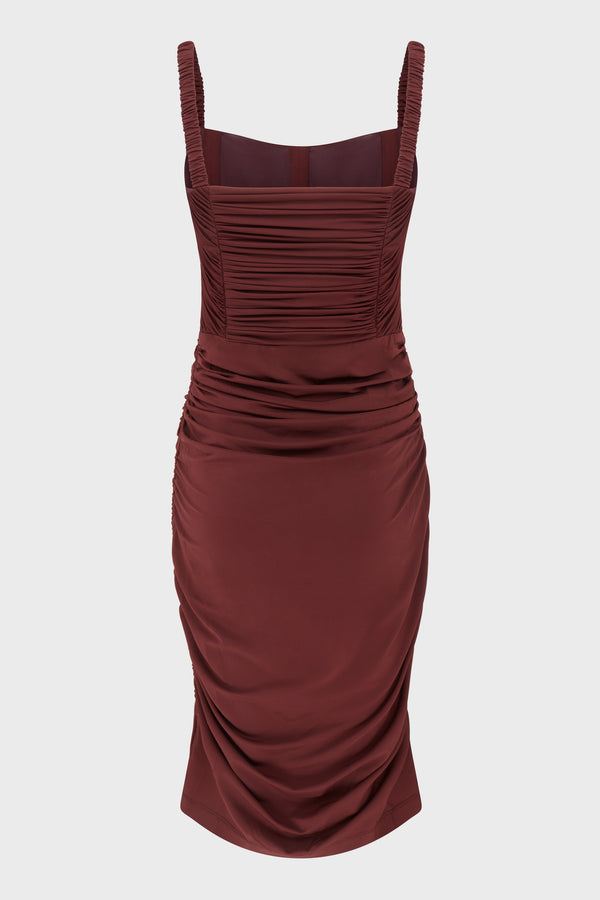 SMOCKED DORIC CORSET DRESS OXBLOOD