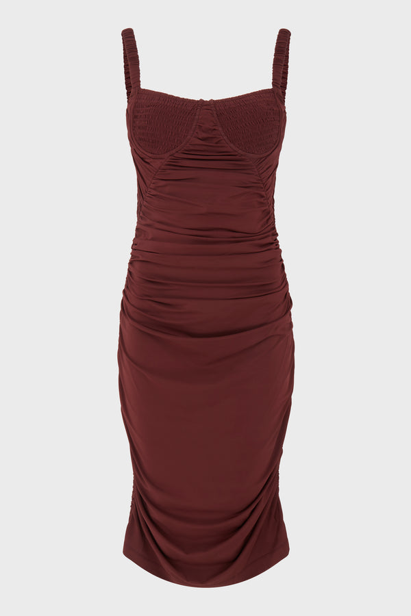 SMOCKED DORIC CORSET DRESS OXBLOOD