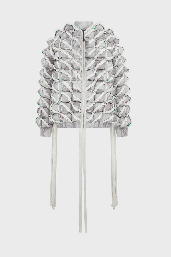 GREY GRAPHIC SPIKED DEFENCE COAT WITH FRINGING