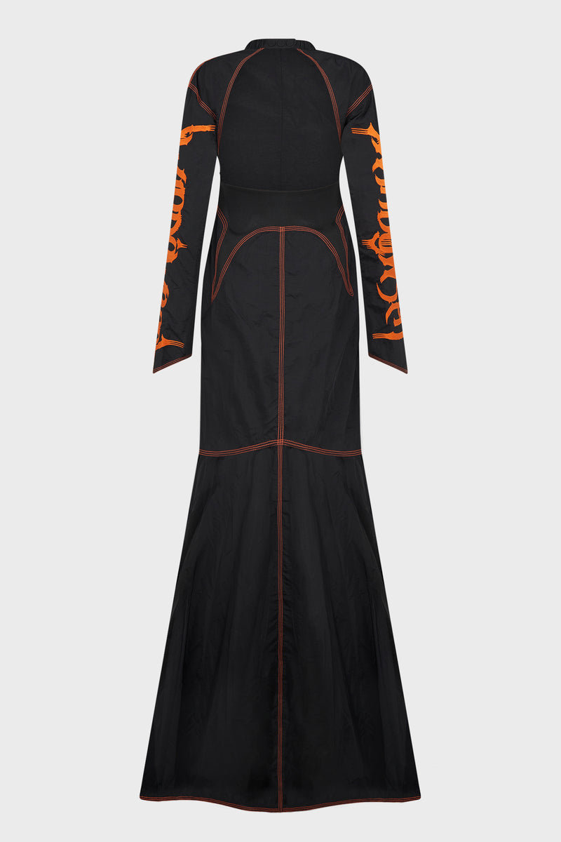 PANELED BACKLESS LONG DRESS WITH EMBROIDERED LOGO