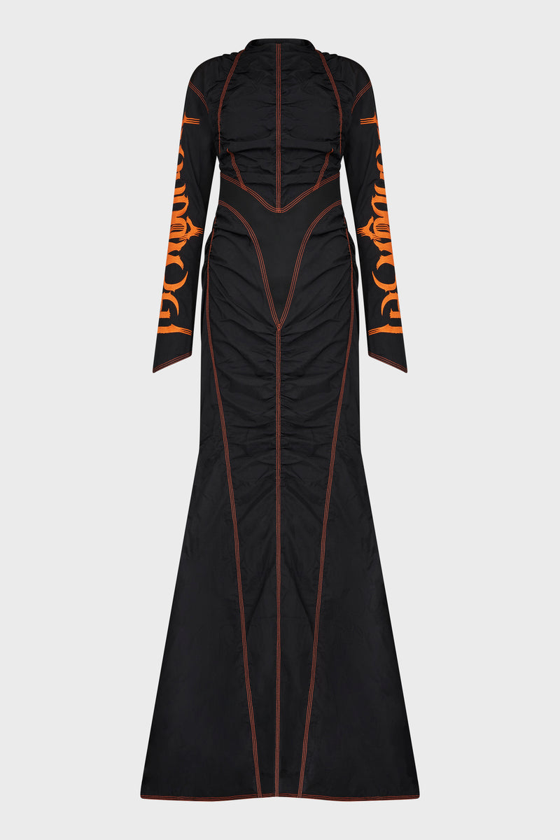 PANELED BACKLESS LONG DRESS WITH EMBROIDERED LOGO